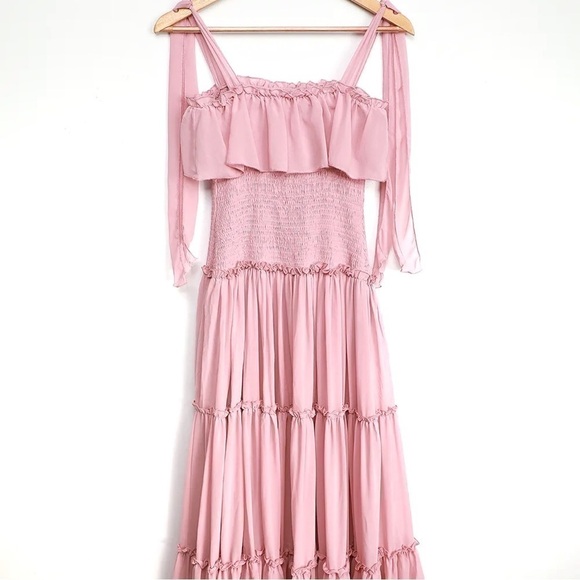 NEW- Lulu's Like a Fairy Tale Dusty Pink Smocked Tie-Strap Tiered Maxi Dress MD - Picture 4 of 16